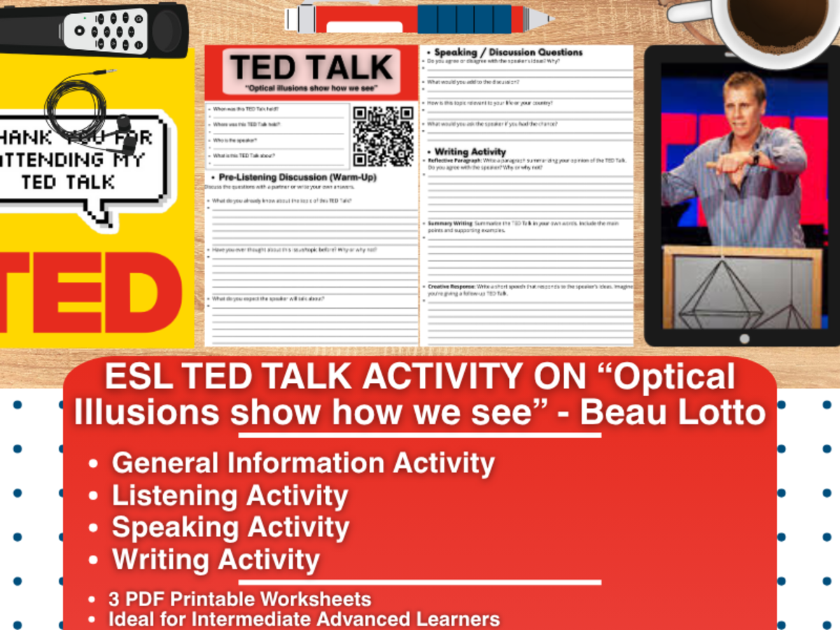 An educational teaching resource from Learning with Alan entitled ESL TED Talk Activity - Optical illusions show how we see - Beau Lotto downloadable at Teach Simple.