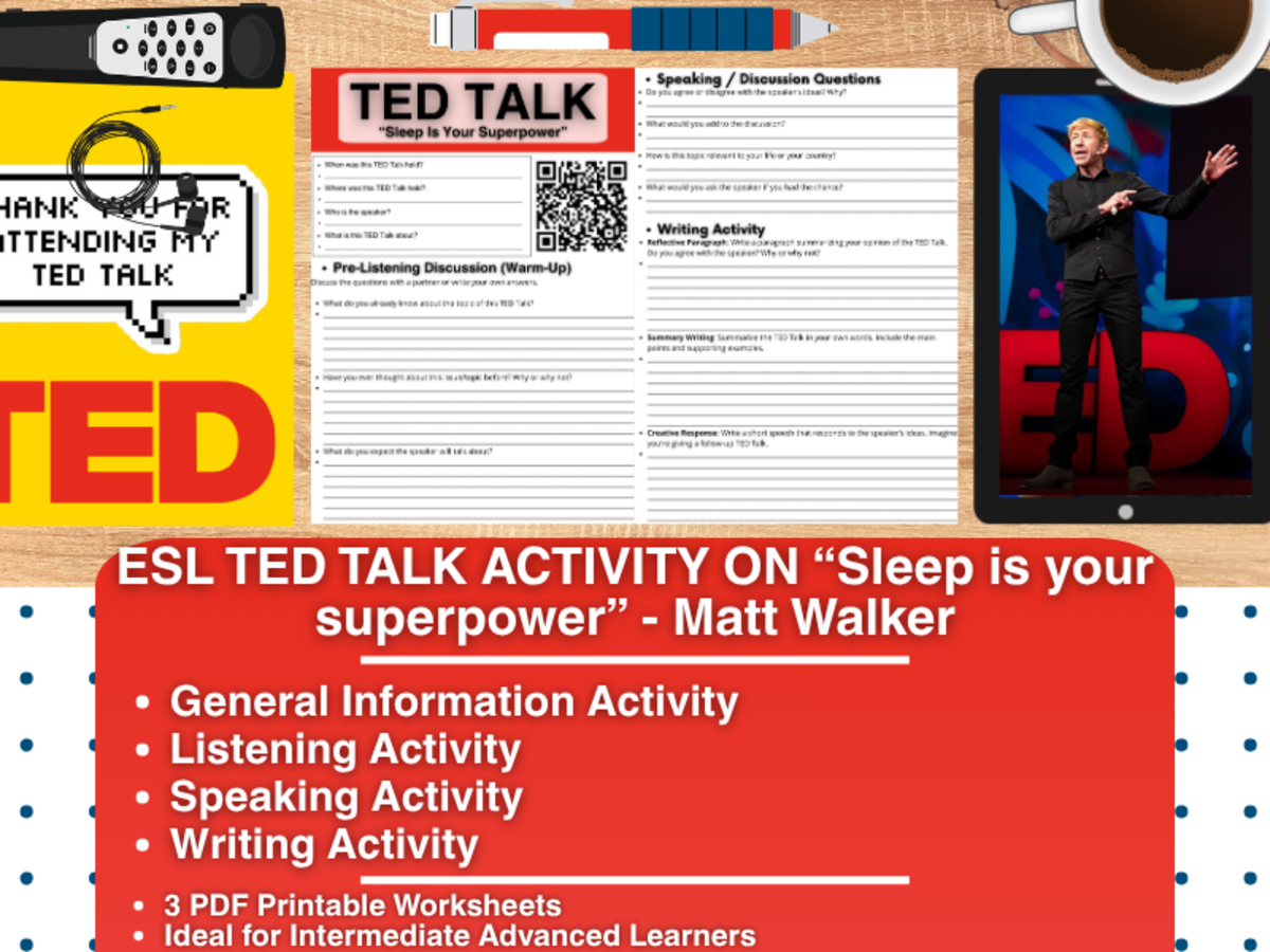 An educational teaching resource from Learning with Alan entitled ESL TED Talk Activity - Sleep is your superpower - Matt Walker downloadable at Teach Simple.