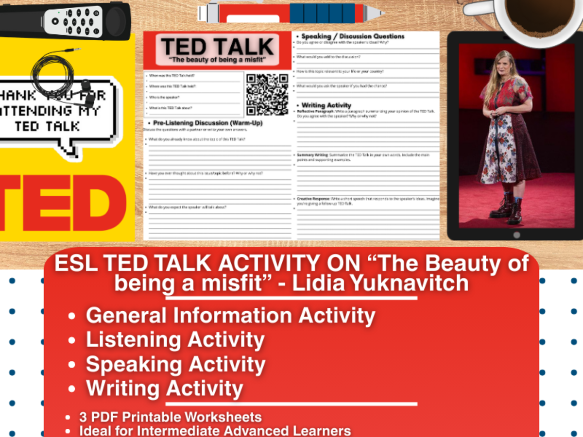 An educational teaching resource from Learning with Alan entitled ESL TED Talk Activity -The Beauty of Being a Misfit - Lidia Yuknavitch downloadable at Teach Simple.