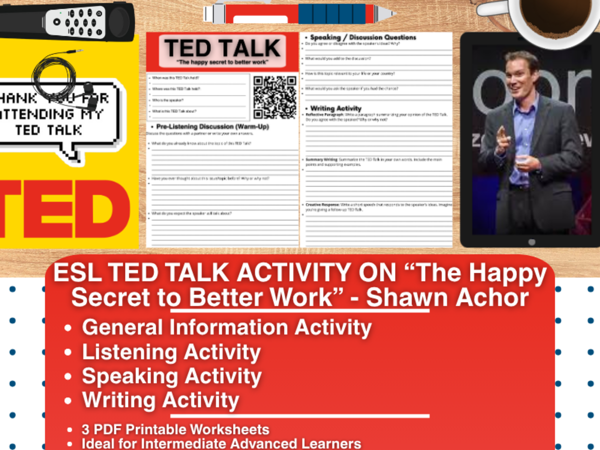 An educational teaching resource from Learning with Alan entitled ESL TED Talk Activity - The Secret to Better Work - Shawn Achor downloadable at Teach Simple.