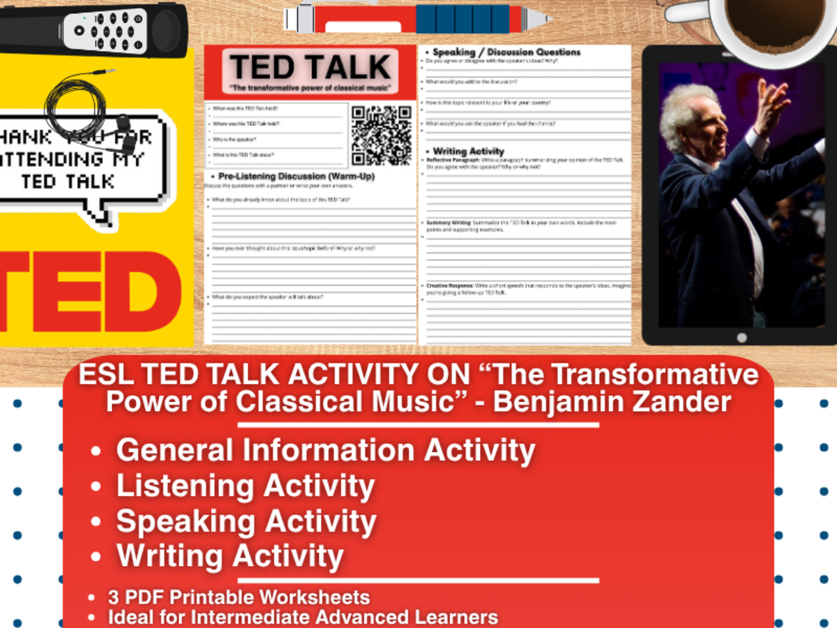 An educational teaching resource from Learning with Alan entitled ESL TED Talk Activity - The Transformative power of Classic Music downloadable at Teach Simple.