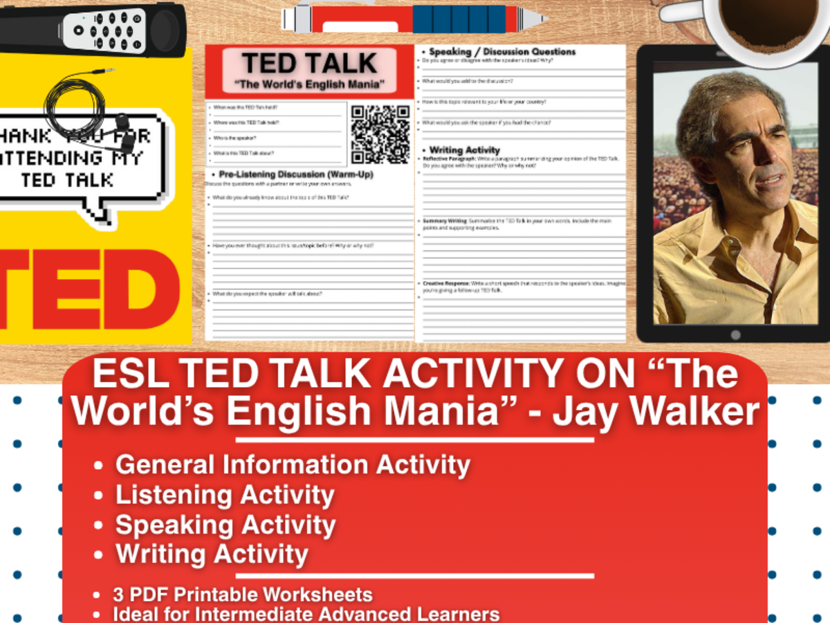 An educational teaching resource from Learning with Alan entitled ESL TED Talk Activity - The World's English mania - Jay Walker downloadable at Teach Simple.