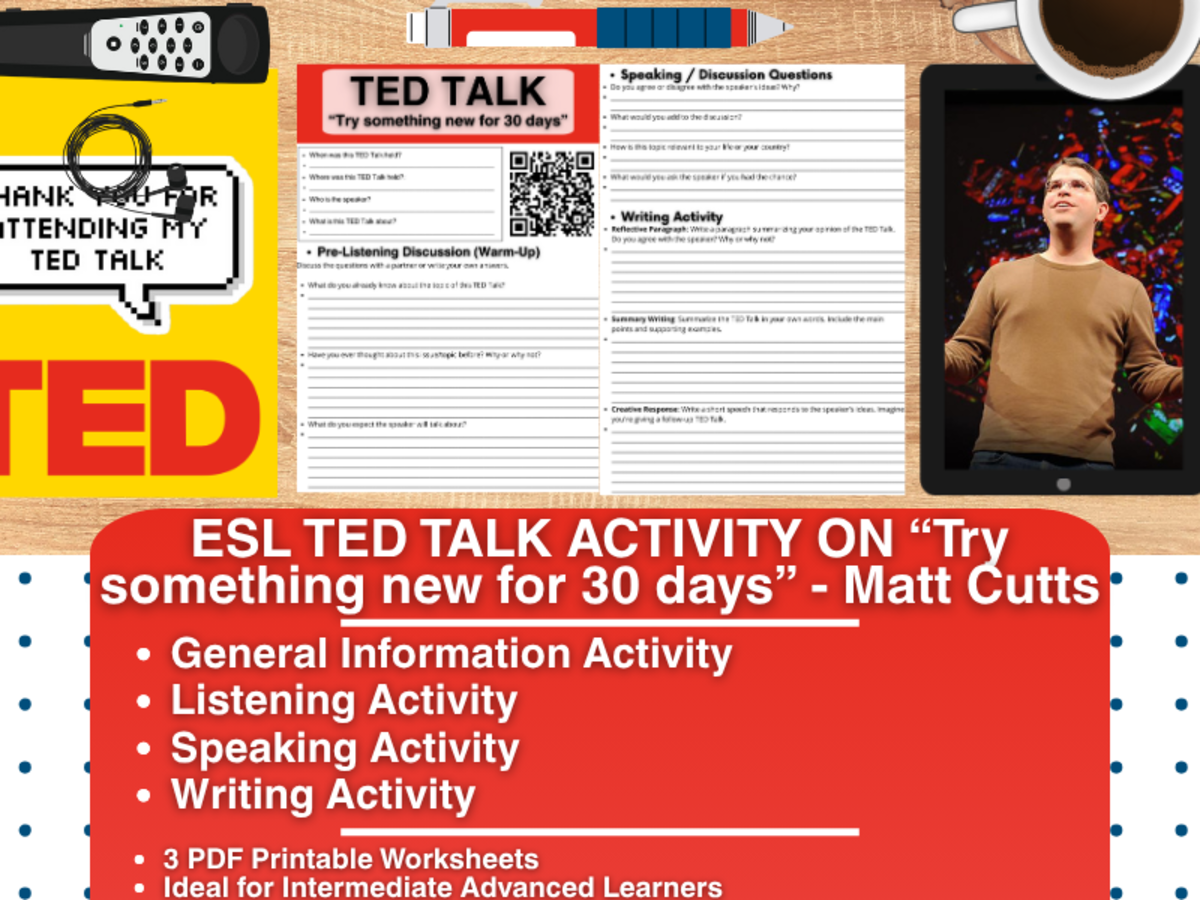 An educational teaching resource from Learning with Alan entitled ESL TED Talk Activity - Try something new for 30 days - Matt Cutts downloadable at Teach Simple.