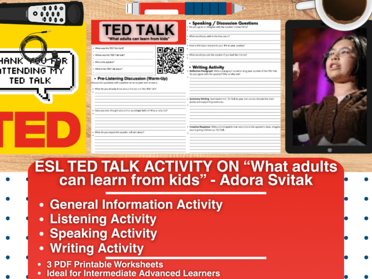 An educational teaching resource from Learning with Alan entitled ESL TED Talk Activity - What adults can learn from kids - Adora Svitak downloadable at Teach Simple.