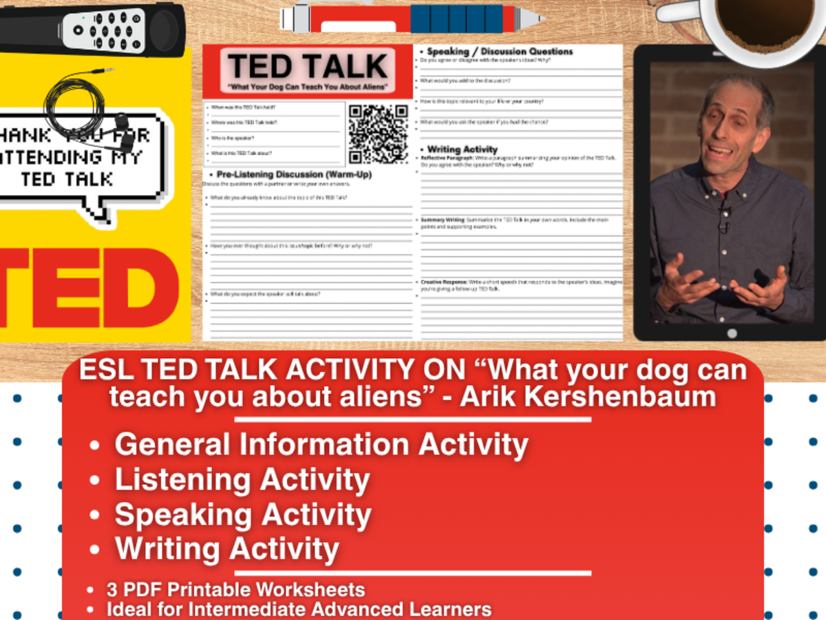 An educational teaching resource from Learning with Alan entitled ESL TED Talk Activity - What your dog can teach you about aliens downloadable at Teach Simple.