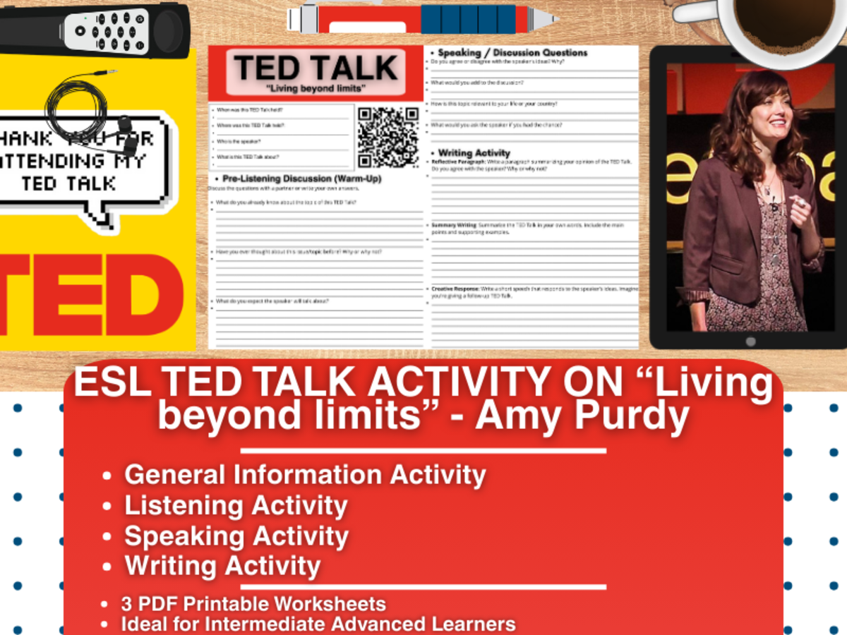 An educational teaching resource from Learning with Alan entitled ESL TED Talk Activity Worksheets - Living beyond limits - Amy Purdy downloadable at Teach Simple.