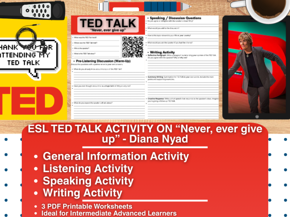 An educational teaching resource from Learning with Alan entitled ESL TED Talk Activity Worksheets - Never, ever, give up - Diana Nyad downloadable at Teach Simple.