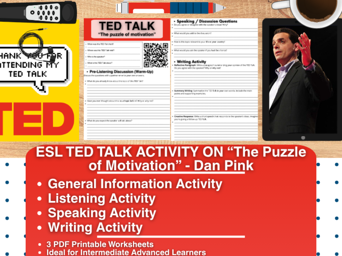 An educational teaching resource from Learning with Alan entitled ESL TED Talk Activity Worksheets - The Puzzle of Motivation - Dan Pink downloadable at Teach Simple.