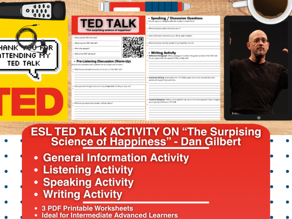 An educational teaching resource from Learning with Alan entitled ESL TED Talk Activity Worksheets - The Surprising Science of Happiness downloadable at Teach Simple.