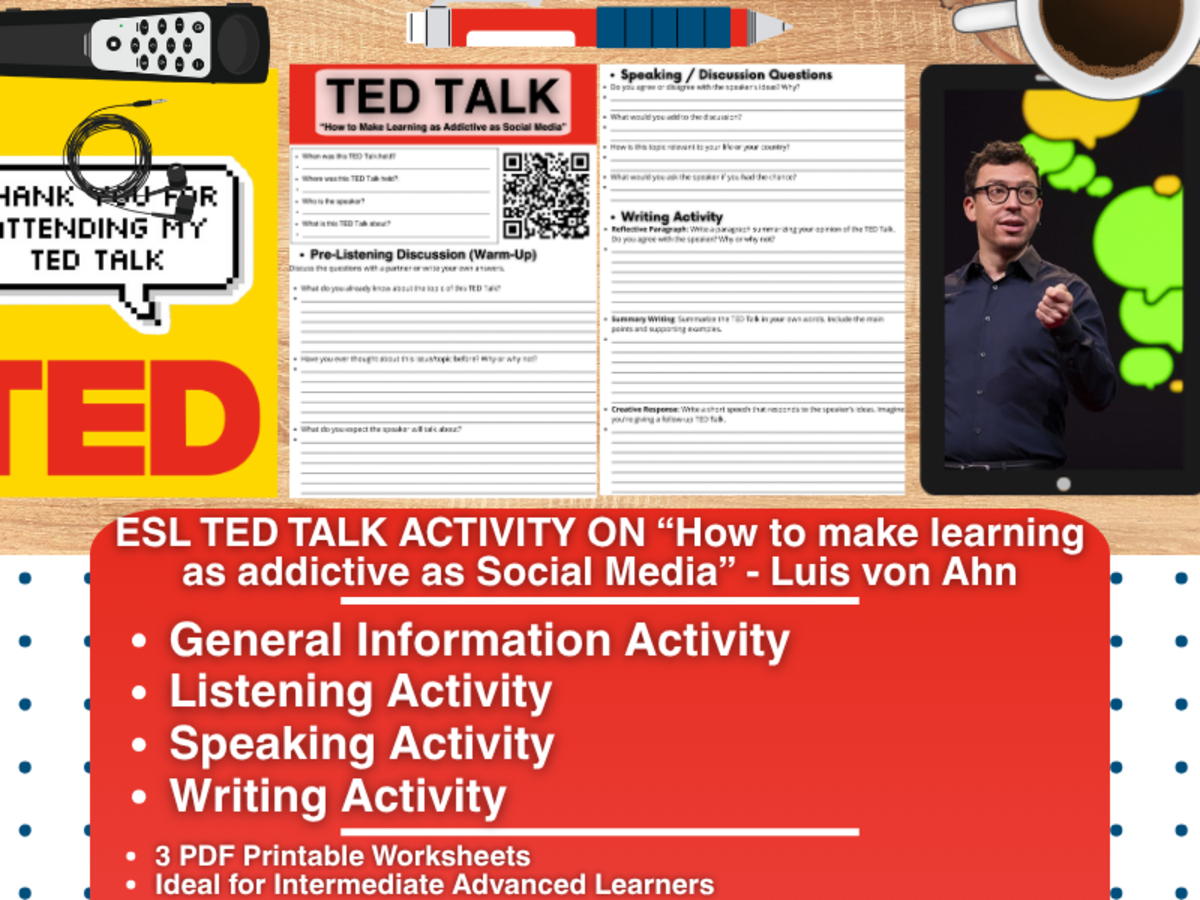 An educational teaching resource from Learning with Alan entitled ESL TED Talk - How to Make Learning as Addictive as Social Media downloadable at Teach Simple.