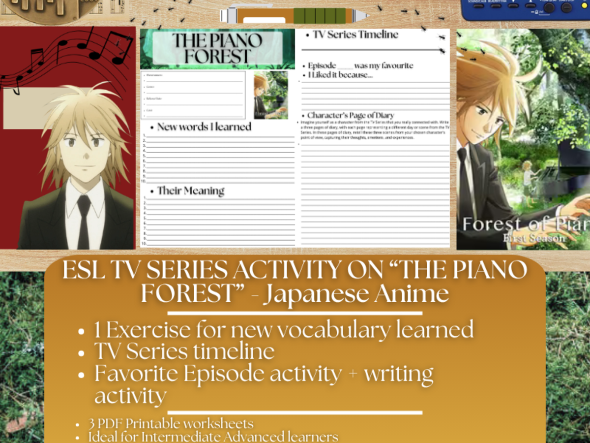 An educational teaching resource from Learning with Alan entitled ESL TV Series Activity - The Piano Forest - Season 1 - Japanese Anime downloadable at Teach Simple.