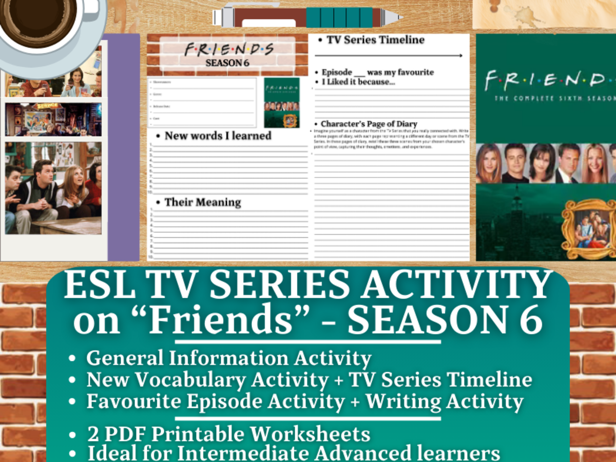 An educational teaching resource from Learning with Alan entitled ESL TV Series Activity Worksheets - Friends - Season 6 downloadable at Teach Simple.