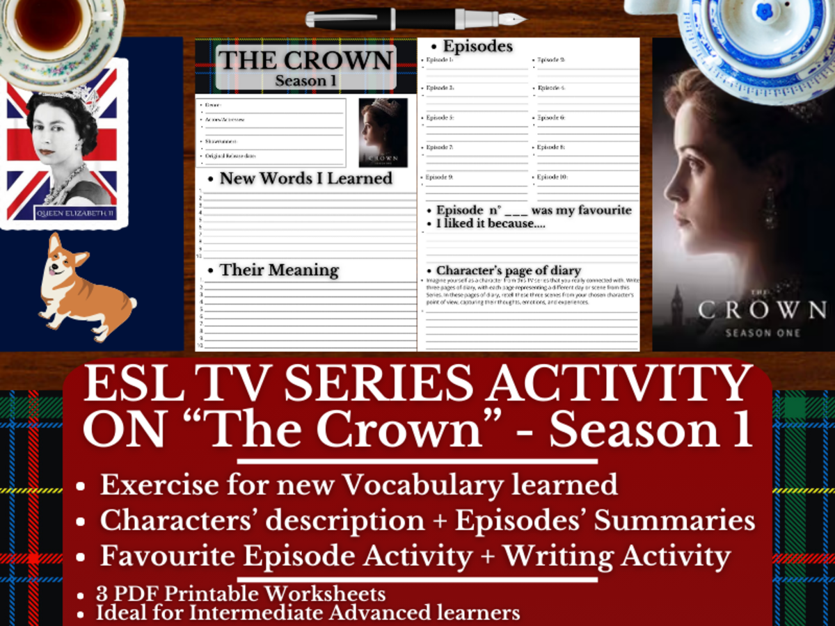 An educational teaching resource from Learning with Alan entitled ESL TV Series Activity Worksheets on "The Crown" - Season 1 downloadable at Teach Simple.