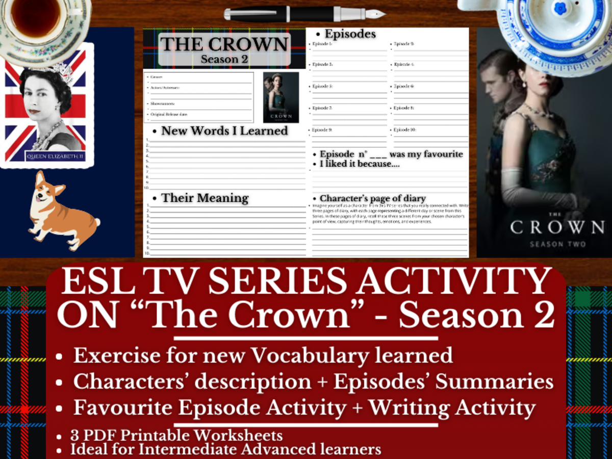 An educational teaching resource from Learning with Alan entitled ESL TV Series Activity Worksheets on "The Crown" - Season 2 downloadable at Teach Simple.