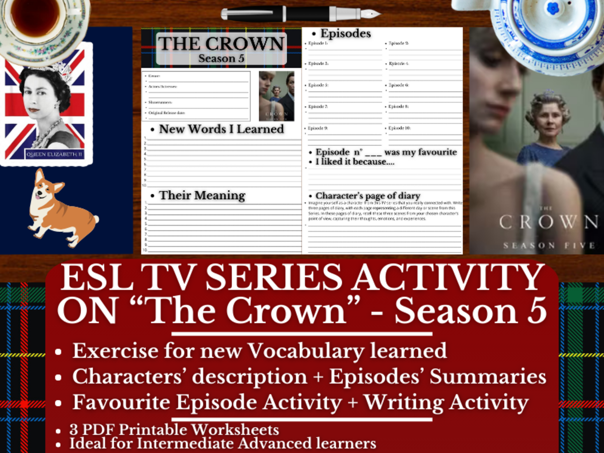 An educational teaching resource from Learning with Alan entitled ESL TV Series Activity Worksheets on "The Crown" - Season 5 downloadable at Teach Simple.