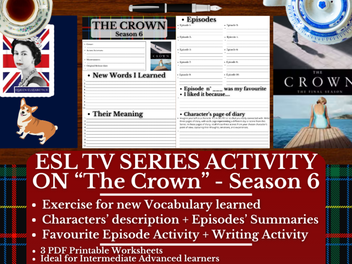 An educational teaching resource from Learning with Alan entitled ESL TV Series Activity Worksheets on "The Crown" - Season 6 downloadable at Teach Simple.