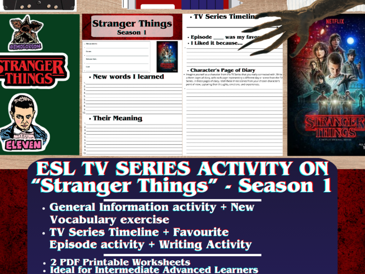 An educational teaching resource from Learning with Alan entitled ESL TV Series Activity Worksheets - Stranger Things - Season 1 downloadable at Teach Simple.