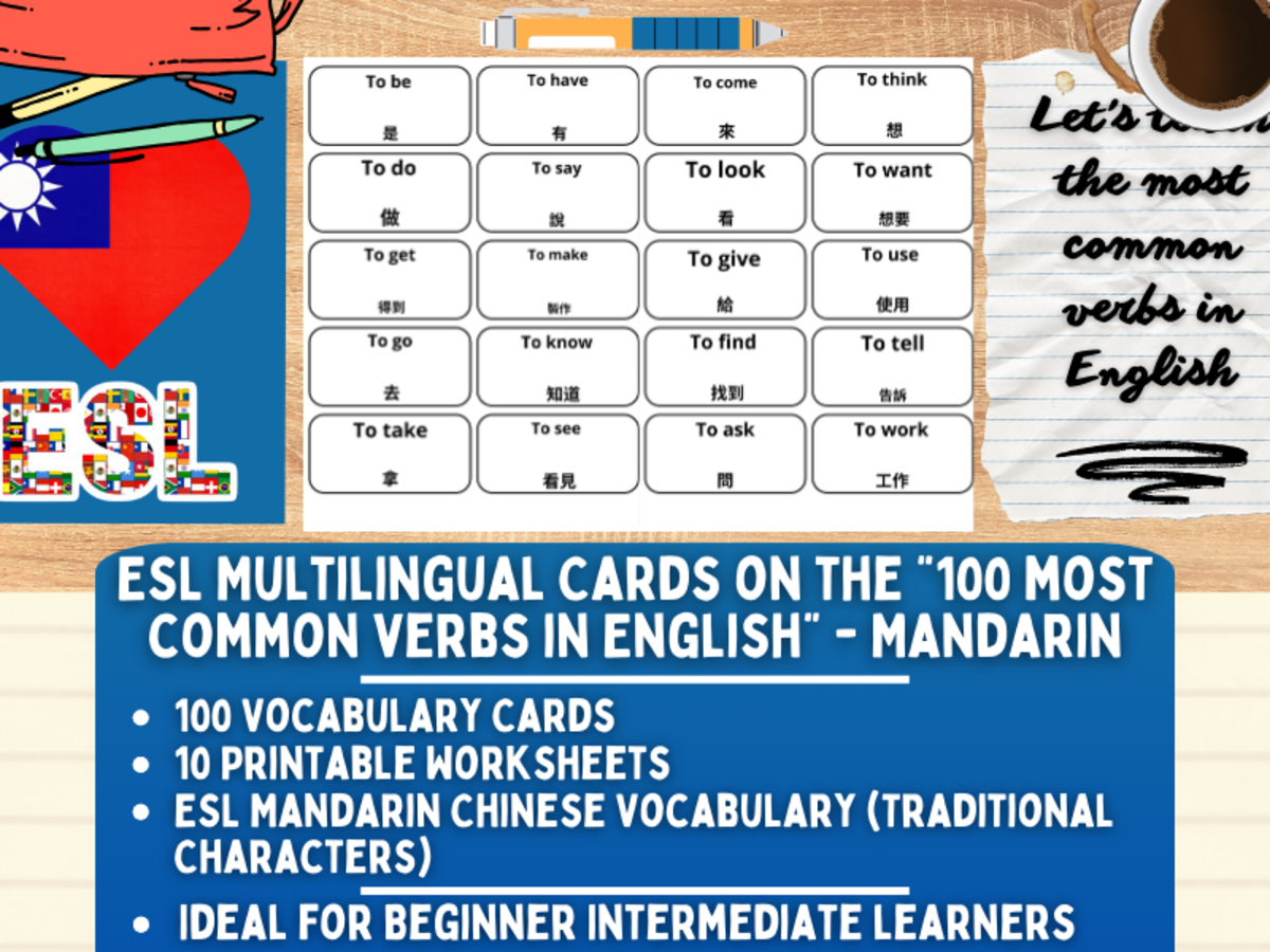 An educational teaching resource from Learning with Alan entitled ESL Vocabulary Flashcard - 100 most common verb - Mandarin Traditional downloadable at Teach Simple.