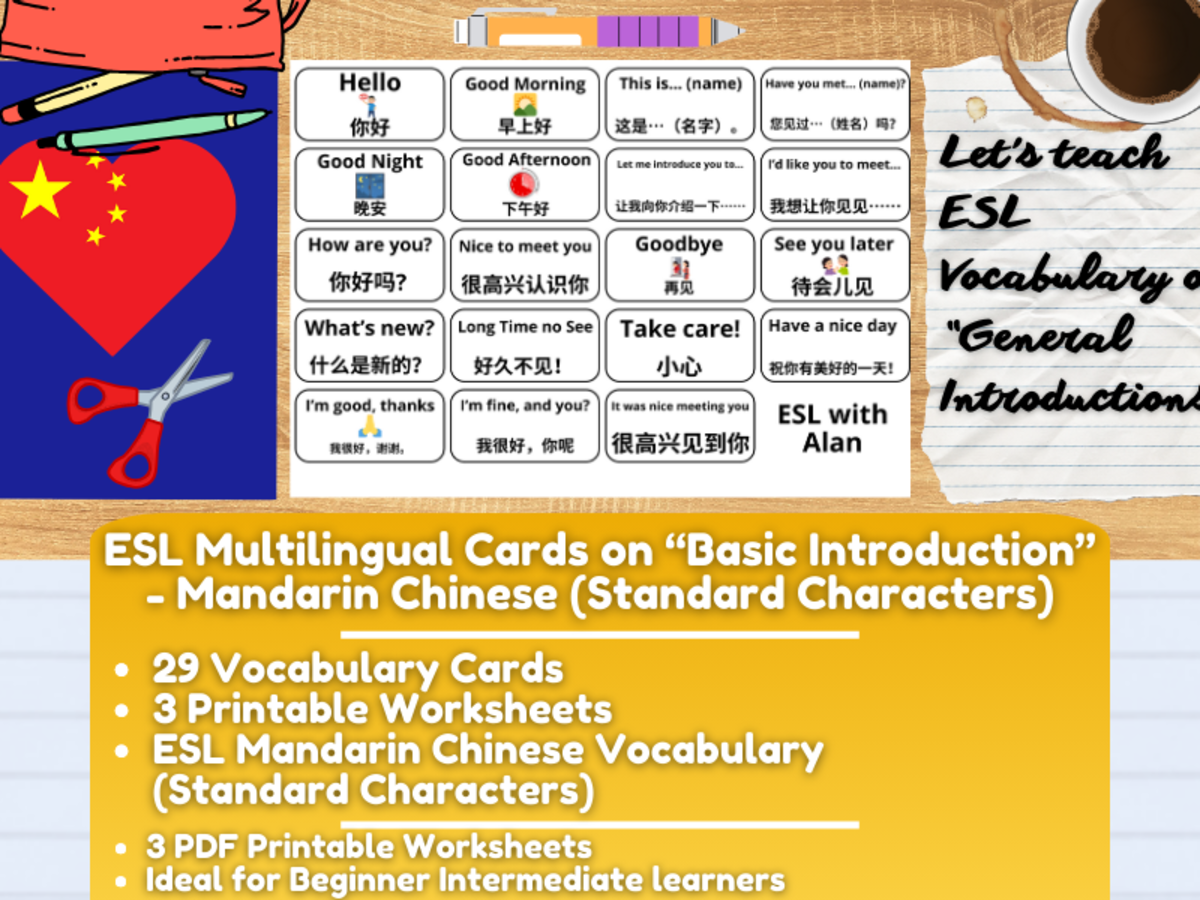 An educational teaching resource from Learning with Alan entitled ESL Vocabulary Flashcard - Introductions - Mandarin - Standard downloadable at Teach Simple.