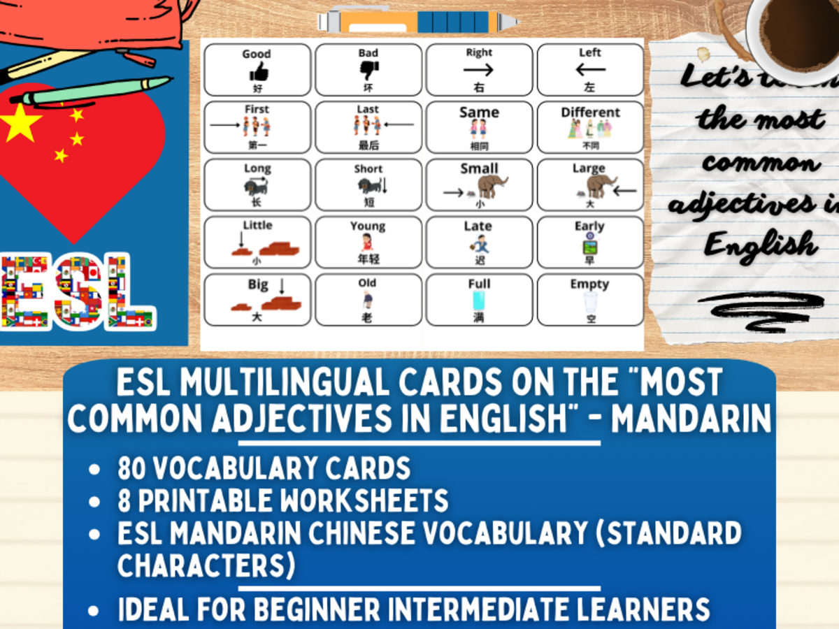 An educational teaching resource from Learning with Alan entitled ESL Vocabulary Flashcard - Most Common Adjectives -Mandarin - Standard downloadable at Teach Simple.