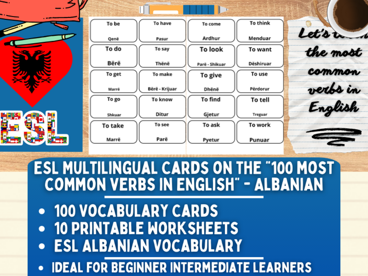 An educational teaching resource from Learning with Alan entitled ESL Vocabulary Flashcards - 100 most common verbs - Albania downloadable at Teach Simple.