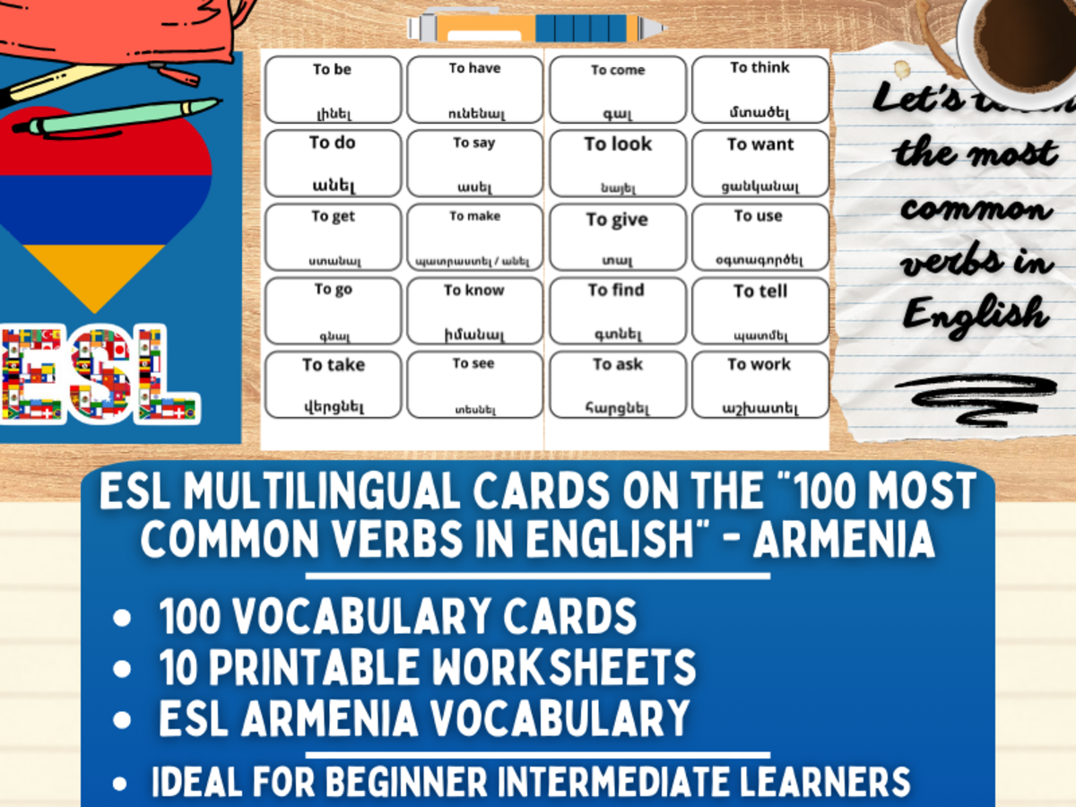 An educational teaching resource from Learning with Alan entitled ESL Vocabulary Flashcards - 100 most common verbs - Armenian downloadable at Teach Simple.