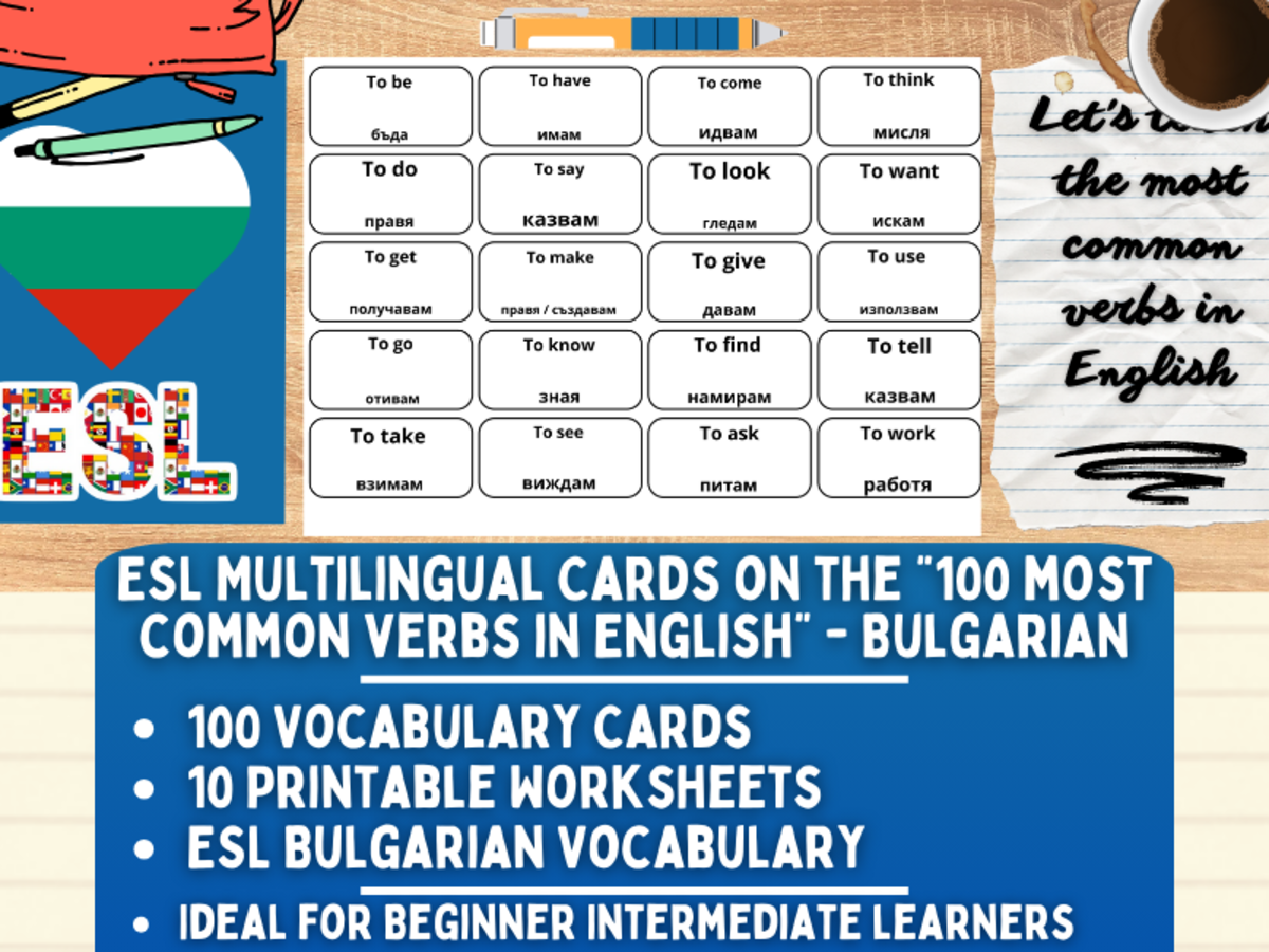 An educational teaching resource from Learning with Alan entitled ESL Vocabulary Flashcards - 100 most common verbs - Bulgarian downloadable at Teach Simple.