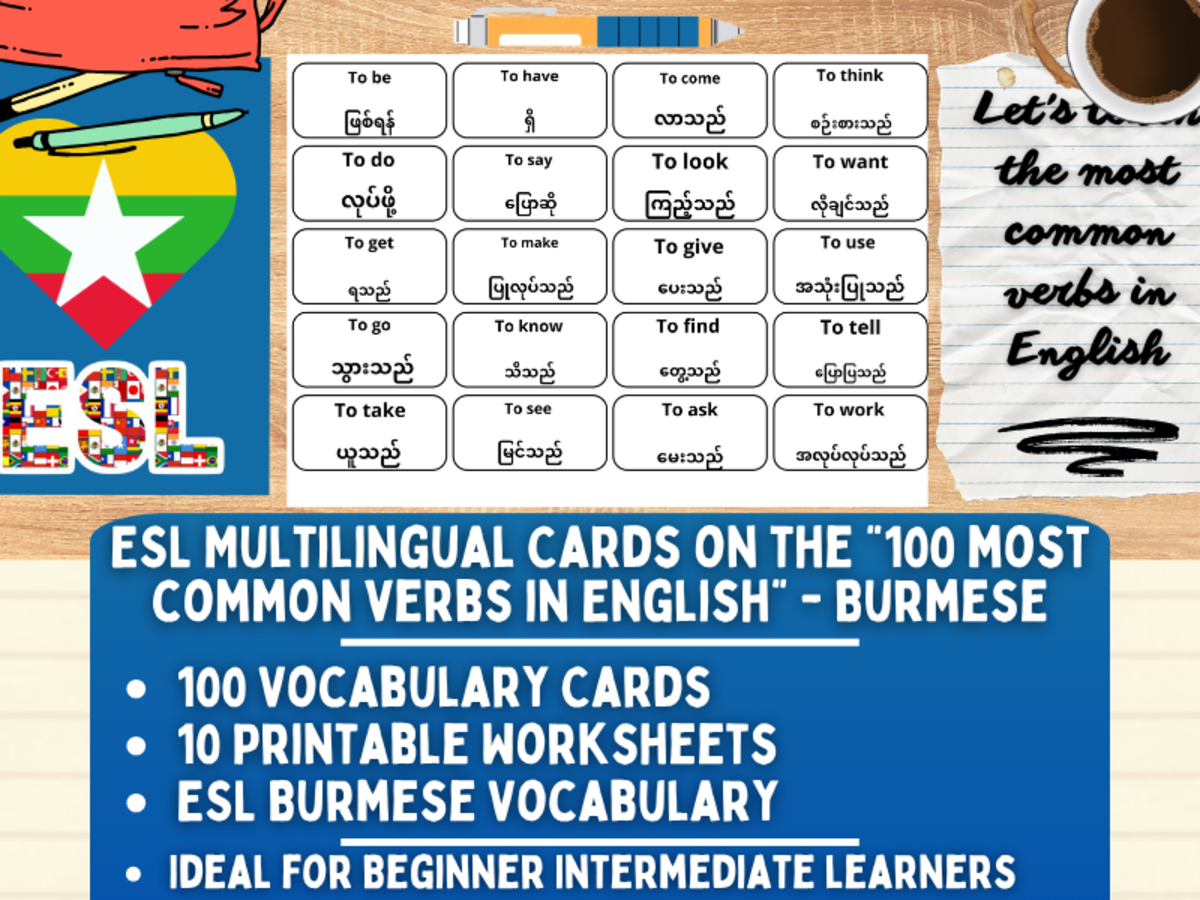 An educational teaching resource from Learning with Alan entitled ESL Vocabulary Flashcards - 100 most common verbs - Burmese downloadable at Teach Simple.