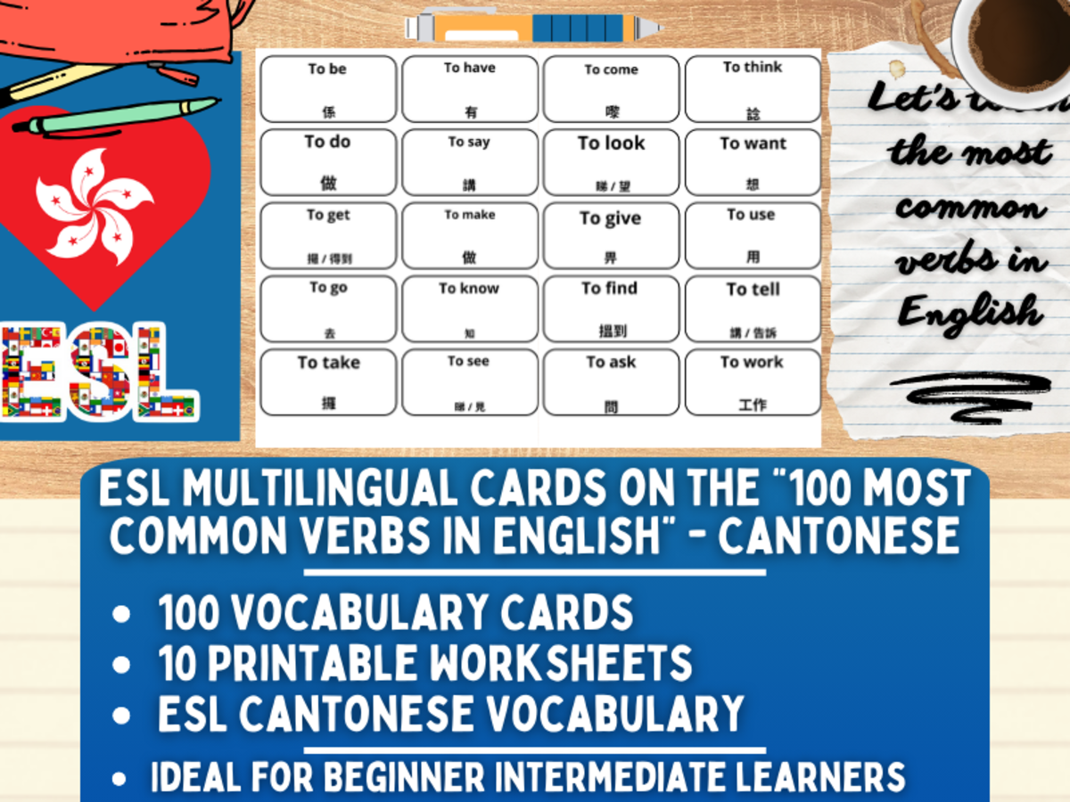 An educational teaching resource from Learning with Alan entitled ESL Vocabulary Flashcards - 100 most common verbs - Cantonese downloadable at Teach Simple.