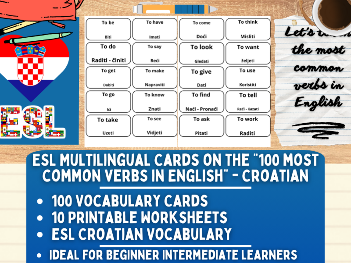 An educational teaching resource from Learning with Alan entitled ESL Vocabulary Flashcards - 100 most common verbs - Croatian downloadable at Teach Simple.