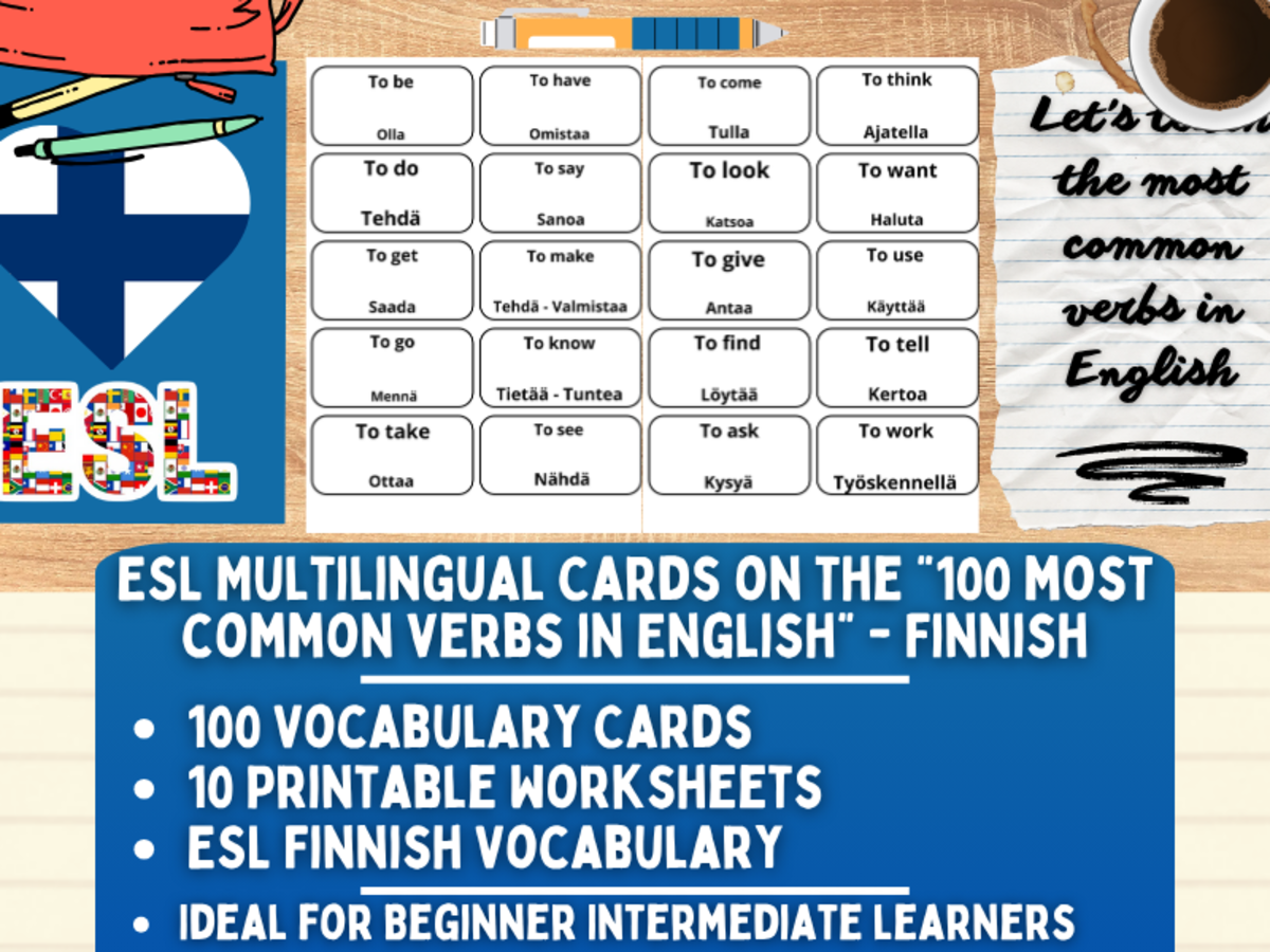 An educational teaching resource from Learning with Alan entitled ESL Vocabulary Flashcards - 100 most common verbs - Finnish downloadable at Teach Simple.