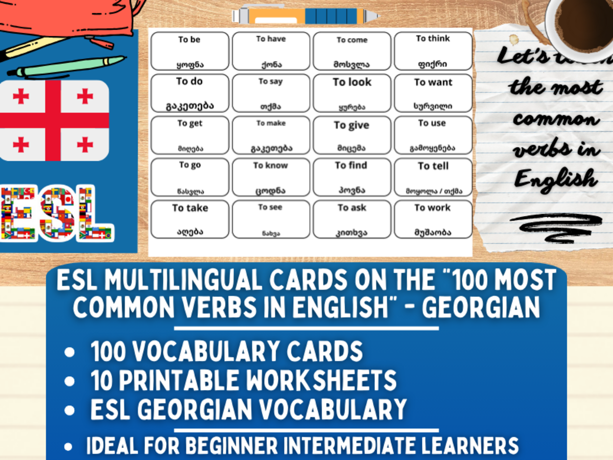 An educational teaching resource from Learning with Alan entitled ESL Vocabulary Flashcards - 100 most common verbs - Georgian downloadable at Teach Simple.