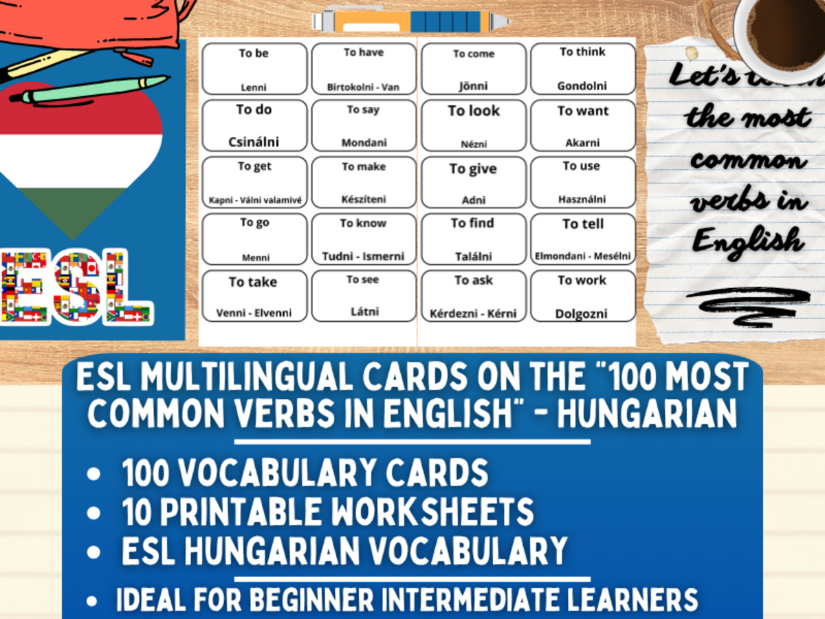 An educational teaching resource from Learning with Alan entitled ESL Vocabulary Flashcards - 100 most common verbs - Hungarian downloadable at Teach Simple.