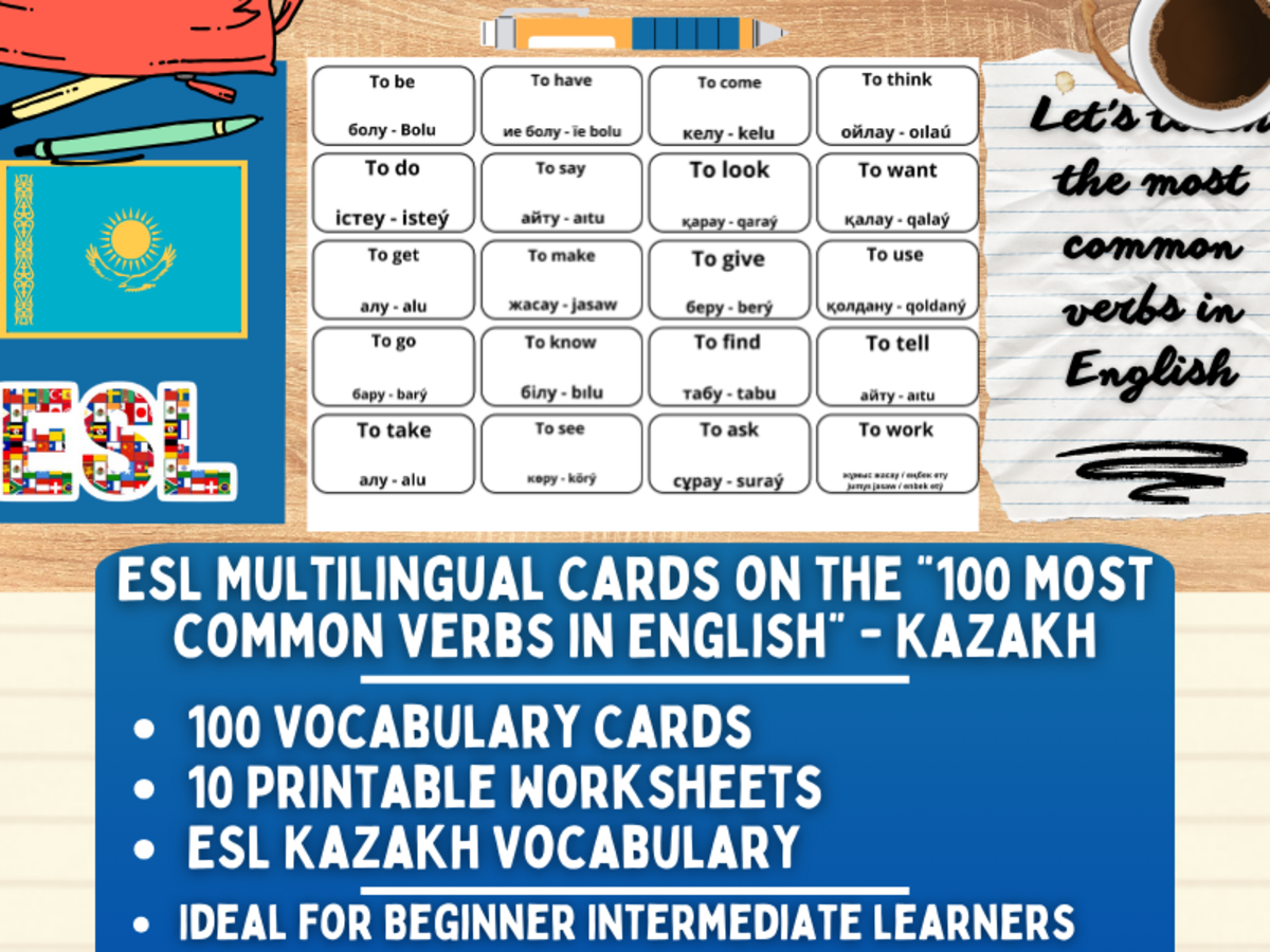 An educational teaching resource from Learning with Alan entitled ESL Vocabulary Flashcards - 100 most common verbs - Kazakh downloadable at Teach Simple.