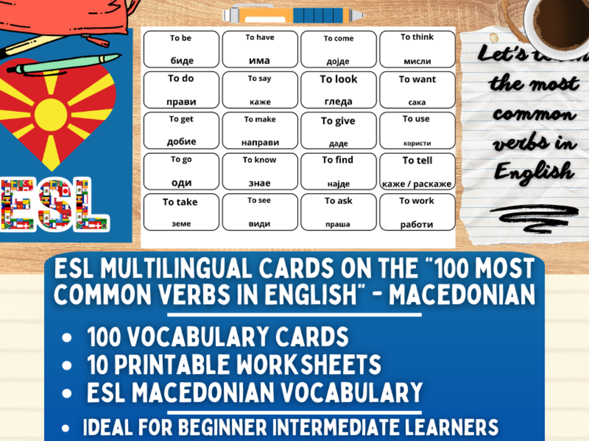 An educational teaching resource from Learning with Alan entitled ESL Vocabulary Flashcards - 100 most common verbs - Macedonian downloadable at Teach Simple.