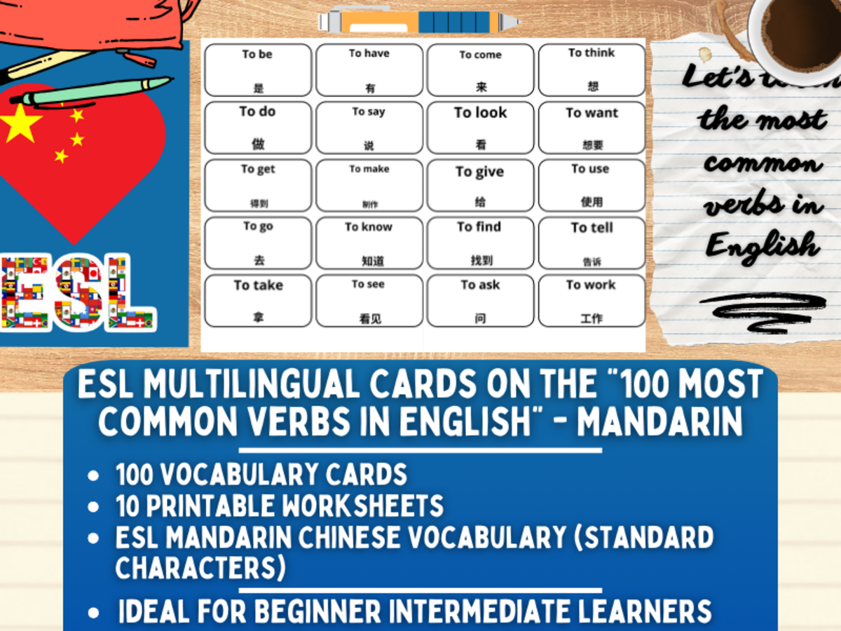 An educational teaching resource from Learning with Alan entitled ESL Vocabulary Flashcards - 100 most common verbs - Mandarin downloadable at Teach Simple.