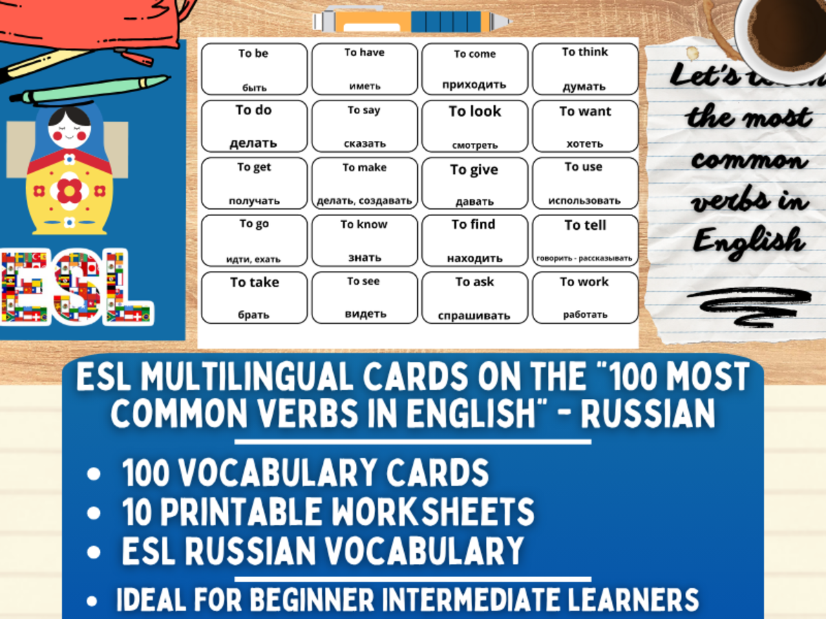An educational teaching resource from Learning with Alan entitled ESL Vocabulary Flashcards - 100 Most Common Verbs - Russian downloadable at Teach Simple.