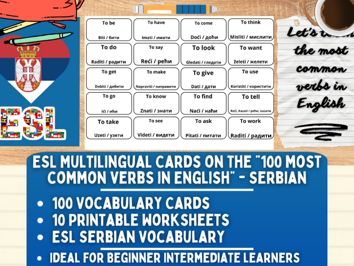 An educational teaching resource from Learning with Alan entitled ESL Vocabulary Flashcards - 100 most common verbs - Serbian downloadable at Teach Simple.