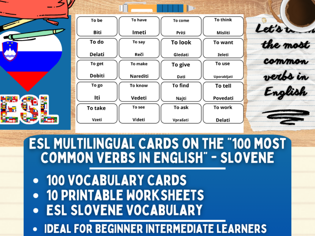An educational teaching resource from Learning with Alan entitled ESL Vocabulary Flashcards - 100 most common verbs - Slovene downloadable at Teach Simple.