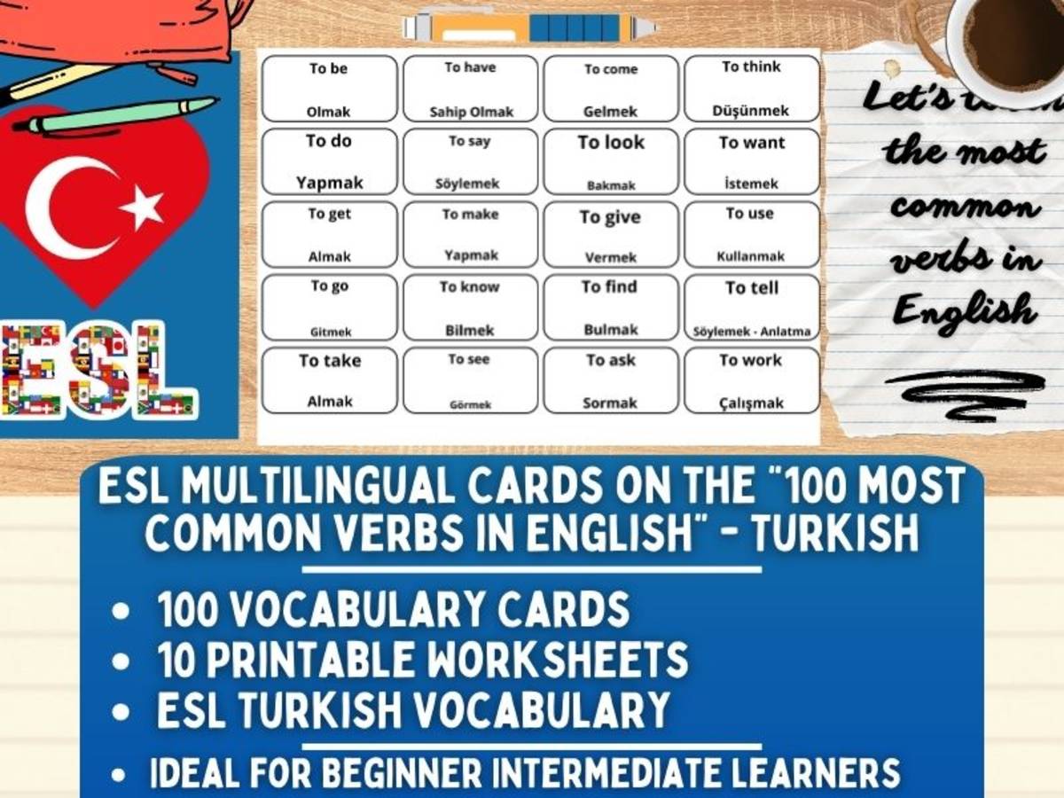 An educational teaching resource from Learning with Alan entitled ESL Vocabulary Flashcards - 100 most common verbs - Turkish downloadable at Teach Simple.