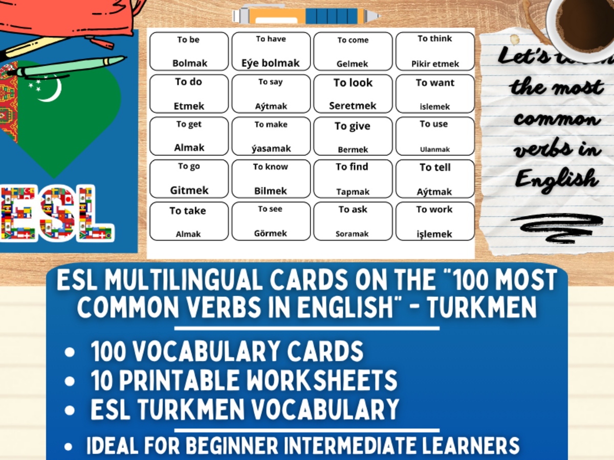 An educational teaching resource from Learning with Alan entitled ESL Vocabulary Flashcards - 100 most common verbs - Turkmen downloadable at Teach Simple.