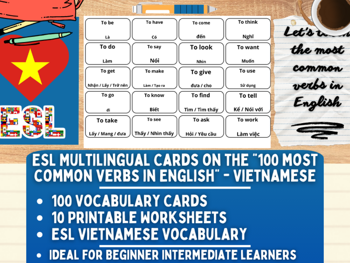 An educational teaching resource from Learning with Alan entitled ESL Vocabulary Flashcards - 100 most common verbs - Vietnamese downloadable at Teach Simple.