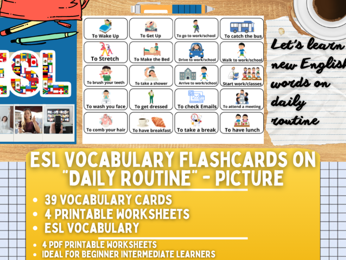 An educational teaching resource from Learning with Alan entitled ESL Vocabulary Flashcards - Daily Routines - Pictures downloadable at Teach Simple.