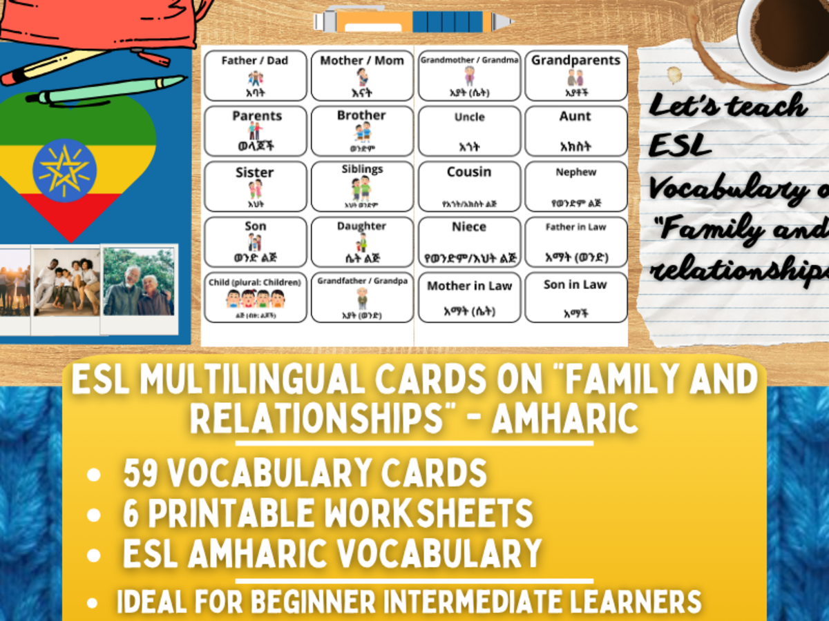 An educational teaching resource from Learning with Alan entitled ESL Vocabulary Flashcards - Family & Relationships - Amharic downloadable at Teach Simple.