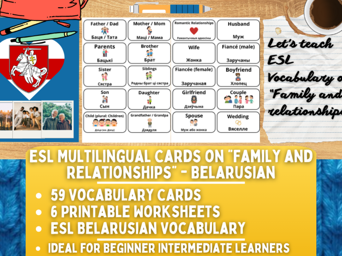 An educational teaching resource from Learning with Alan entitled ESL Vocabulary Flashcards - Family and Relationships - Belarusian downloadable at Teach Simple.
