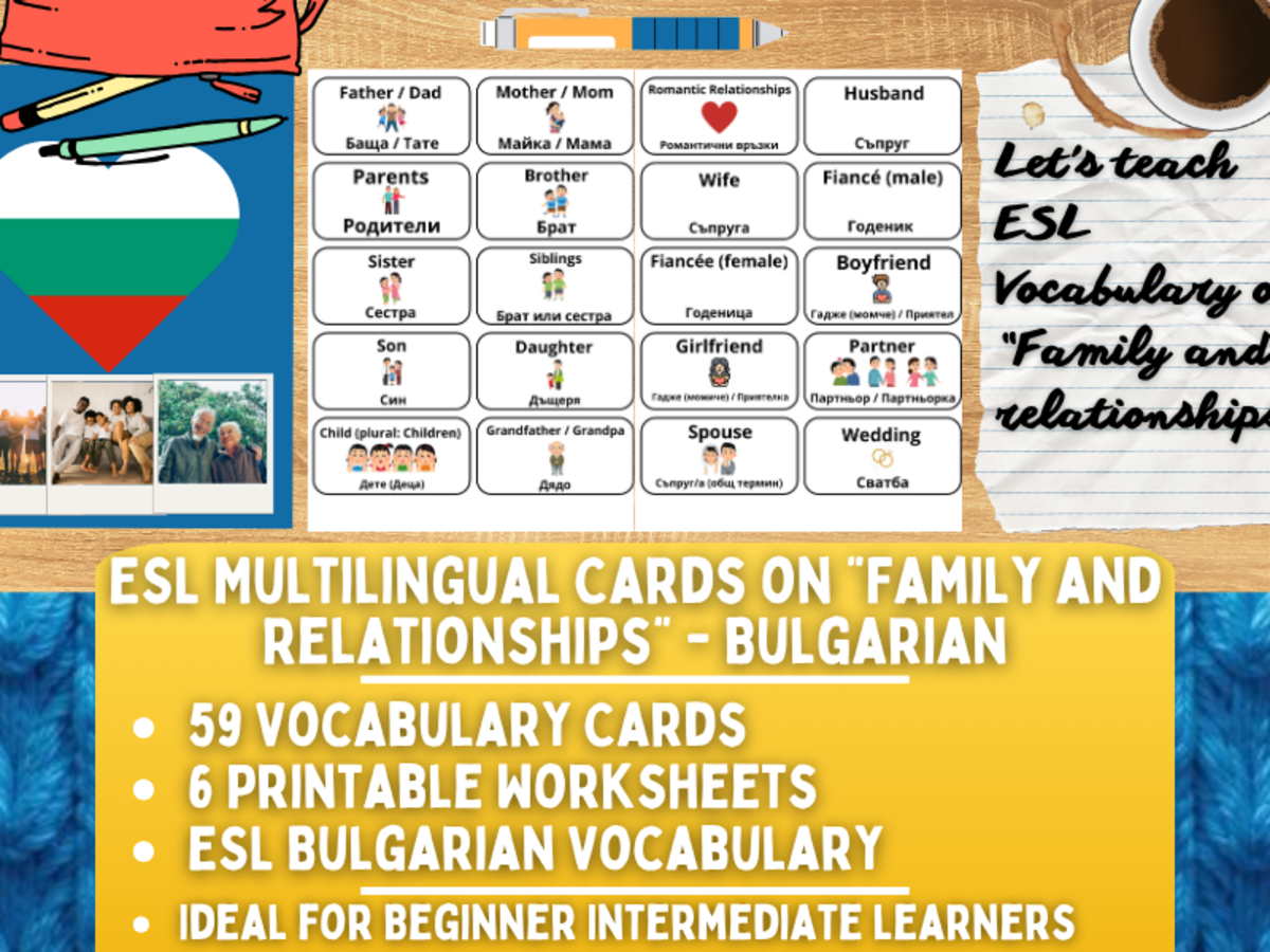 An educational teaching resource from Learning with Alan entitled ESL Vocabulary Flashcards - Family and Relationships - Bulgarian downloadable at Teach Simple.