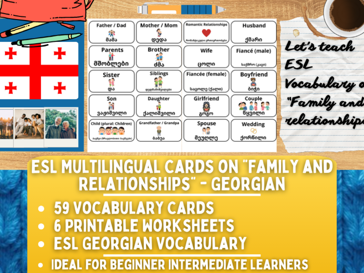 An educational teaching resource from Learning with Alan entitled ESL Vocabulary Flashcards - Family and Relationships - Georgian downloadable at Teach Simple.