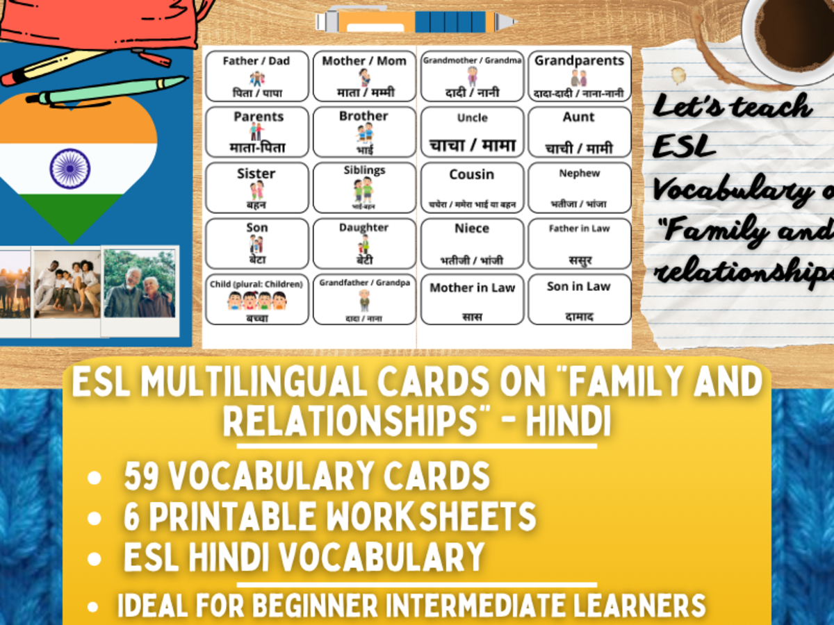 An educational teaching resource from Learning with Alan entitled ESL Vocabulary Flashcards - Family & Relationships - Hindi downloadable at Teach Simple.