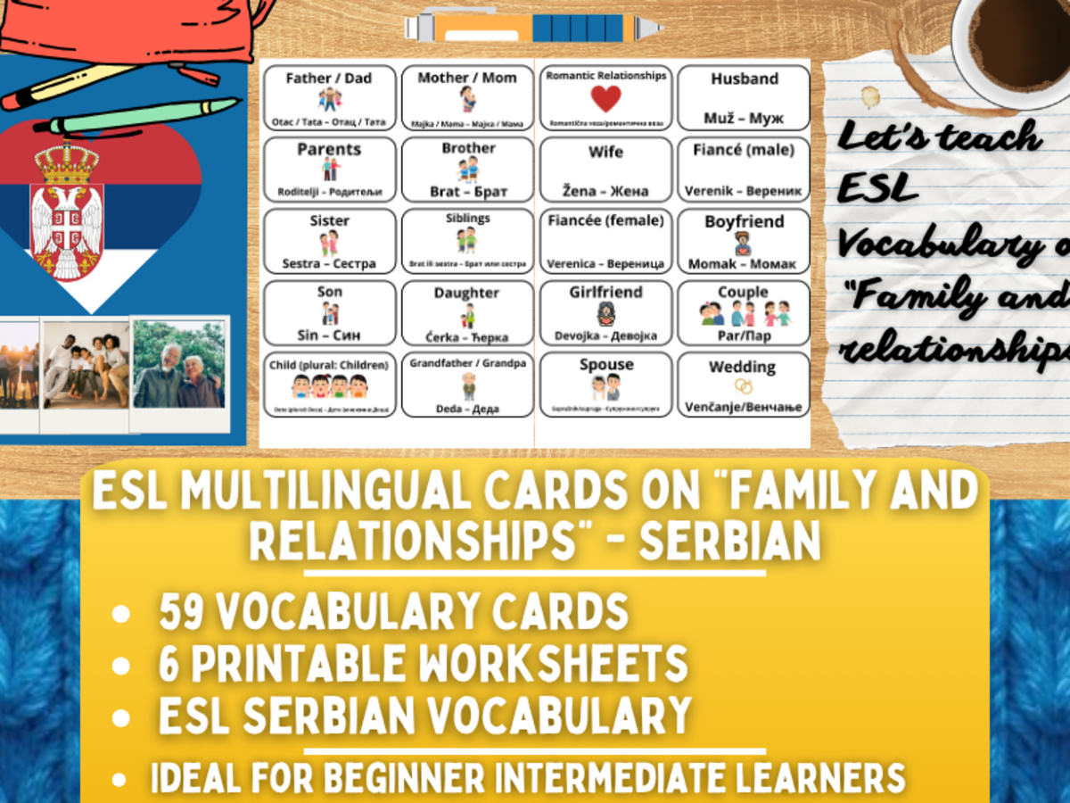 An educational teaching resource from Learning with Alan entitled ESL Vocabulary Flashcards - Family and Relationships - Serbian downloadable at Teach Simple.