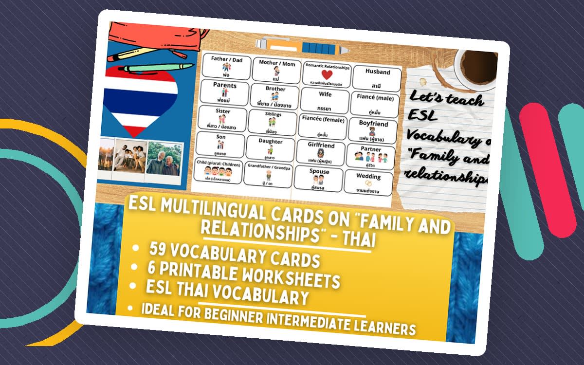 An educational teaching resource from Learning with Alan entitled ESL Vocabulary Flashcards - Family and Relationships - Thai downloadable at Teach Simple.